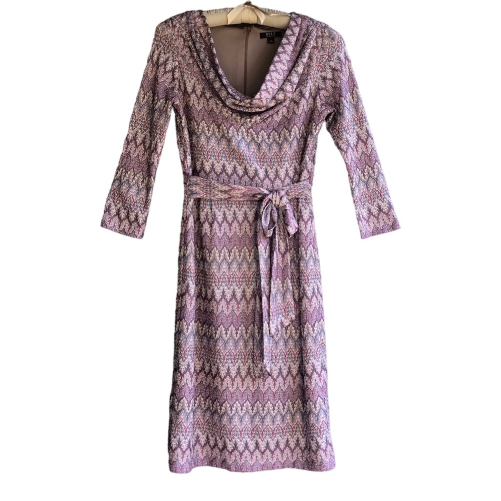 Alex Marie Fitted Dress Size 4 Draped Cowl Neck Kadence Mulberry Shine Chevron